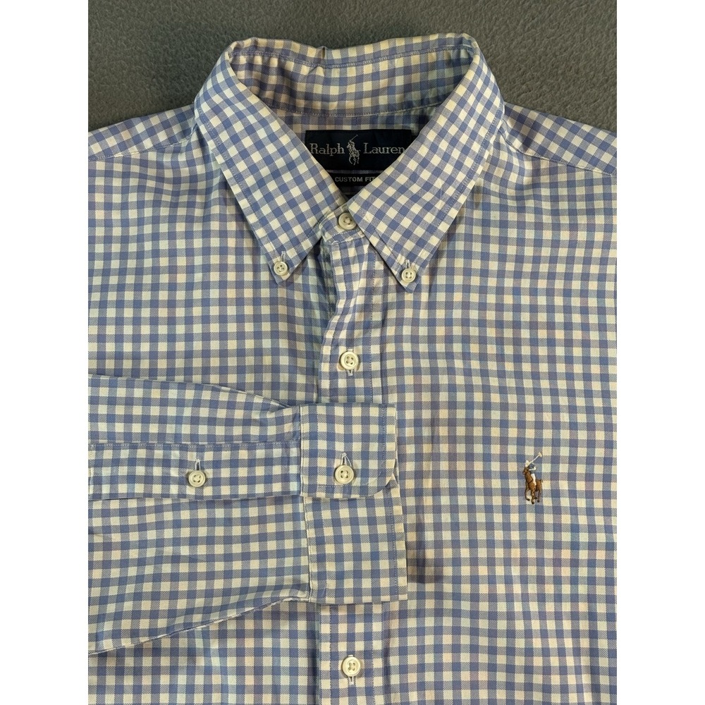 Ralph Lauren Shirt Mens Large Blue Check Custom Fit Button Down Long Sleeve